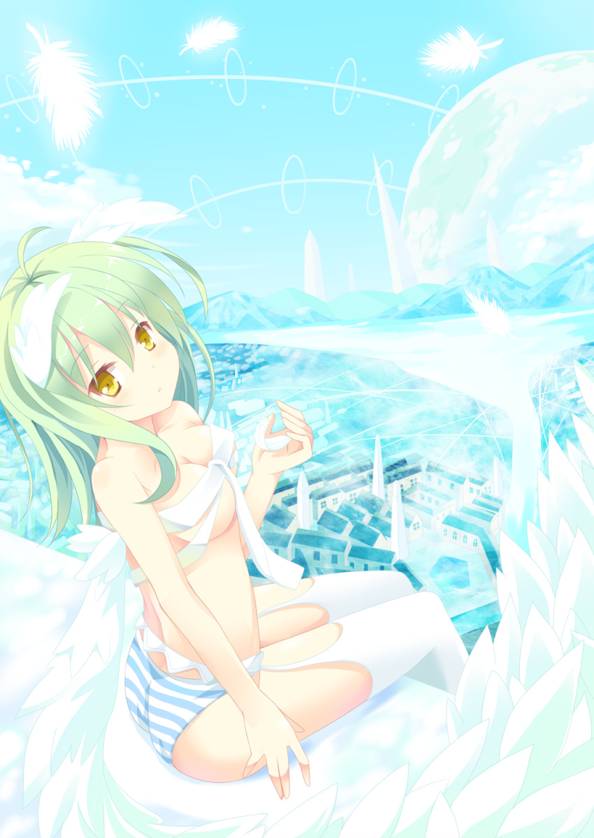 ahoge, blue_panties, blue_sky, blush, breasts, cleavage, feathers, garter_belt