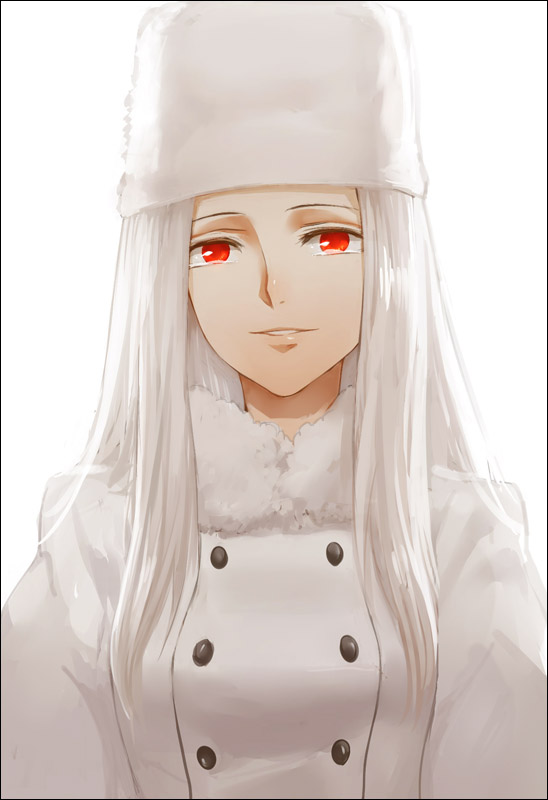 bad_id, coat, fate/zero, fate_(series), fur_hat, hat, irisviel_von_einzbern, long_hair