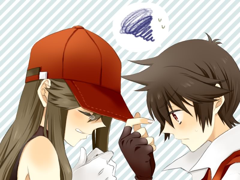 1girl, bad_id, bare_shoulders, black_hair, blue_(pokemon), brown_hair, fingerless_gloves, gloves