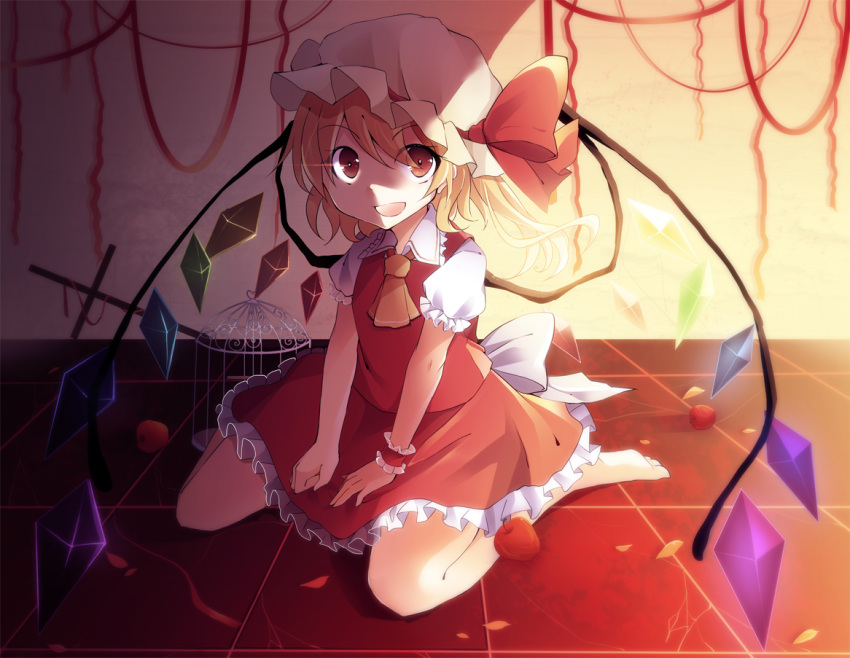 apple, ascot, barefoot, birdcage, blonde_hair, cage, cross, flandre_scarlet