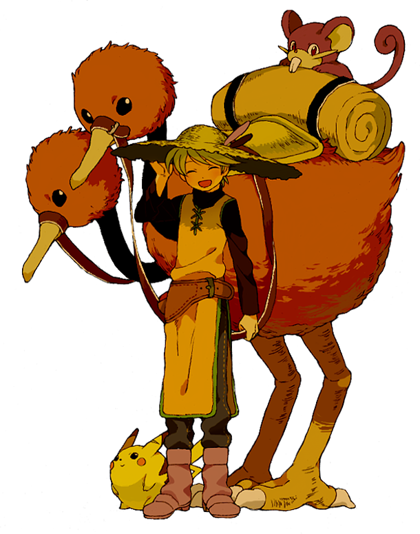 1girl, belt, boots, doduo, dress, glucose, hat, open_mouth, pikachu, poke_ball, pokemon, pokemon_(creature), pokemon_rgby, pokemon_special, pokemon_yellow, rattata, saddle, smile, standing, waist_poke_ball, yellow_(pokemon), yellow_dress