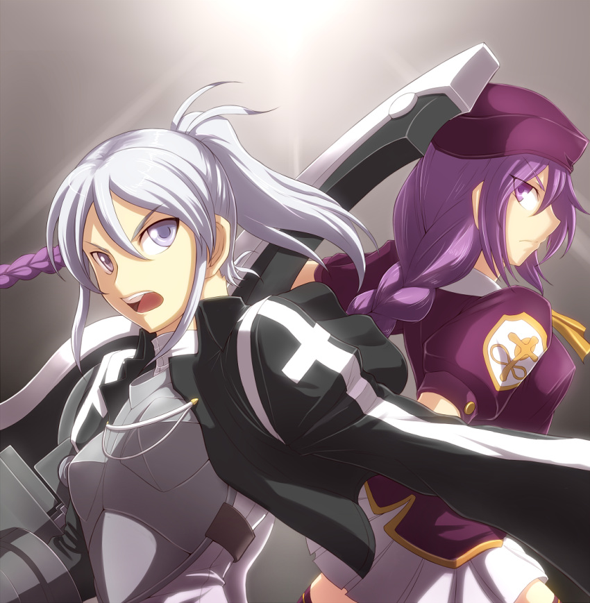 armor, bracelet, braid, breastplate, grey_eyes, grey_hair, hat, jacket, jewelry, long_hair, melty_blood, miniskirt, pleated_skirt, ponytail, purple_eyes, purple_hair, raodekiya, riesbyfe_stridberg, silver_hair, single_braid, sion_eltnam_atlasia, skirt, tsukihime, violet_eyes, white_hair