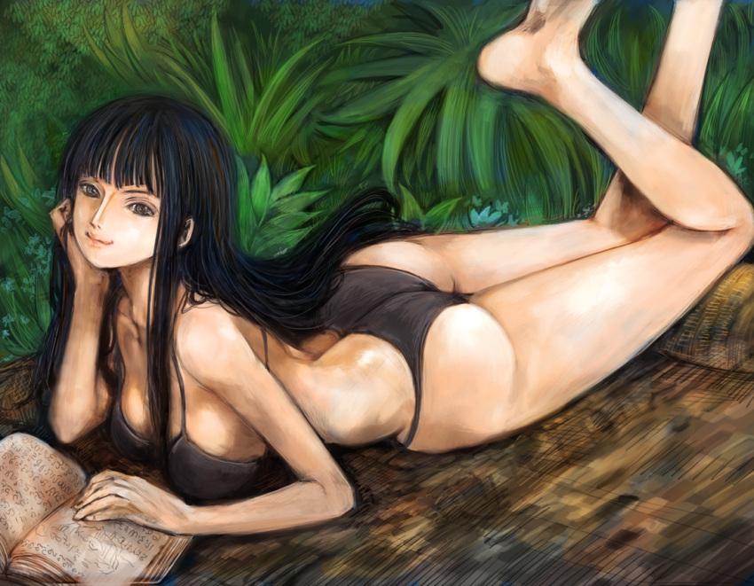 arm_support, ass, bikini, black_bikini, black_eyes, black_hair, book, breasts