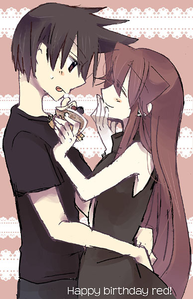 1boy, 1girl, black_hair, blue_(pokemon), brown_eyes, brown_hair, cake, closed_eyes, couple, eyes_closed, feeding, food, holding, long_hair, no_hat, no_headwear, pokemon, pokemon_special, red_(pokemon), rough, smile, uyuki