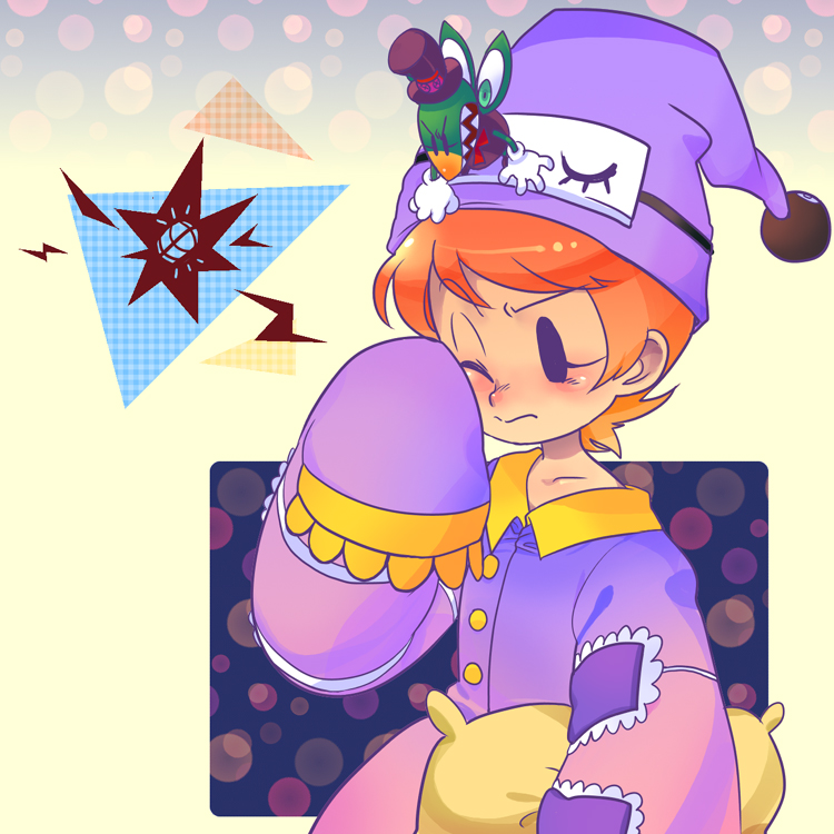alternate_costume, avery_(skullgirls), black_eyes, blush, buttons, child, fangs, hat