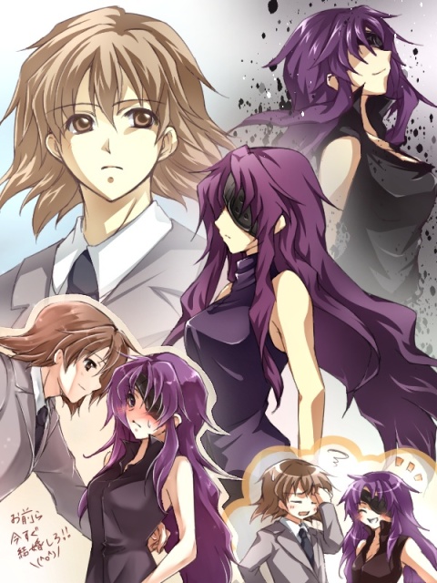 brown_eyes, brown_hair, closed_eyes, couple, eyepatch, formal, long_hair, mirai_nikki