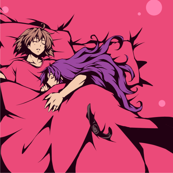 1girl, bed_sheet, brown_hair, closed_eyes, couple, eyepatch, eyes_closed, holding