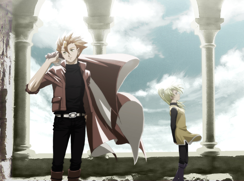 blonde_hair, boots, brown_hair, cape, jacket, long_hair, pokemon, pokemon_special, ponytail, spiked_hair, spiky_hair, standing, urin_(ususio), ususio, wataru_(pokemon), yellow_(pokemon), yellow_eyes