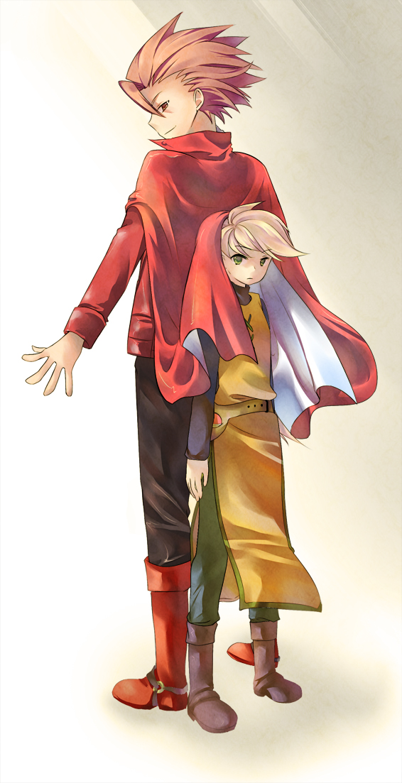 boots, brown_eyes, cape, green_eyes, height_difference, poke_ball, pokemon, pokemon_special, red_hair, redhead, reverse_trap, tachiuo, tachiuo_(arines), waist_poke_ball, wataru_(pokemon), yellow_(pokemon)