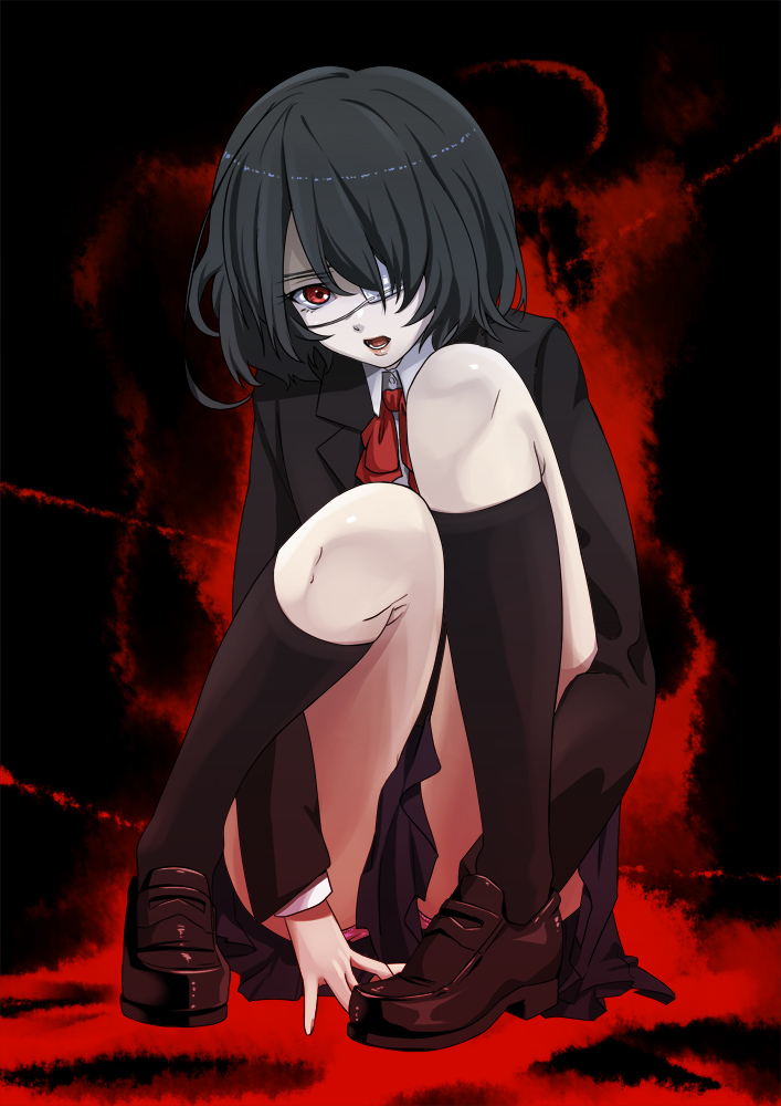 another, black_hair, black_legwear, blazer, eyepatch, misaki_mei, open_mouth, panties, pantyshot, red_eyes, school_uniform, short_hair, skirt, solo, squatting, underwear, upskirt, yuuki_maya