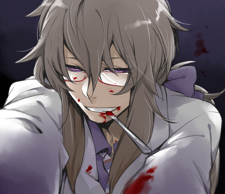 arms_up, bangs, biting, blood, blood_on_face, blood_splatter, blood_stain, bloody_clothes, blurry, bow, brown_hair, depth_of_field, glasses, grin, hair_bow, hair_ribbon, hatoful_kareshi, iwamine_shuu, jacket, knife, long_sleeves, looking_at_viewer, male, necktie, outstretched_arms, personification, ponytail, purple_eyes, ribbon, silverpop_night, smile, solo, striped, striped_necktie, teeth, violet_eyes, white_jacket, yandere