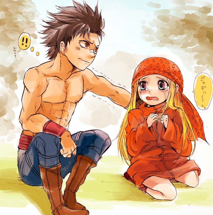 1boy, 1girl, anna, anna_(gokuaku_no_hana), bad_id, bandage, bandages, bandaid_on_nose, bandana, bandanna, blonde_hair, blue_eyes, boots, brown_eyes, child, gokuaku_no_hana, hokuto_no_ken, jacket, jagi, long_hair, muscle, nose_bandage, pants, short_hair, spiked_hair, spiky_hair, tears, topless, translated, translation_request, trembling, tsk1993, young