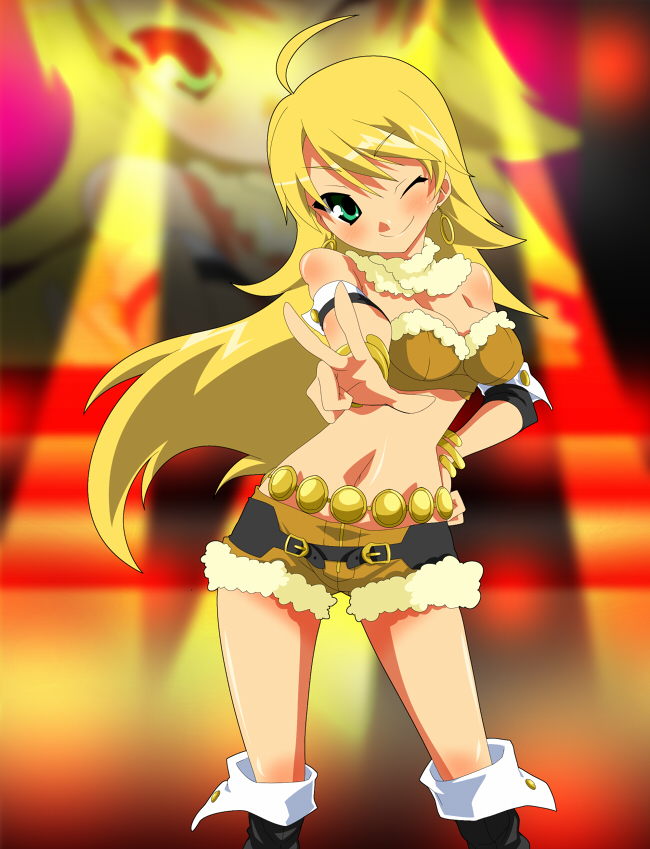 armband, belt, belt_buckle, blonde_hair, blush, boots, bracelet, breasts