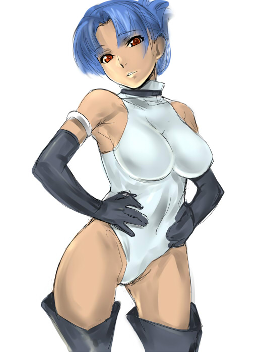 bare_shoulders, blair_dame, blue_hair, breasts, dodai_shouji, elbow_gloves, gloves, leotard, short_hair, simple_background, solo, street_fighter, street_fighter_ex