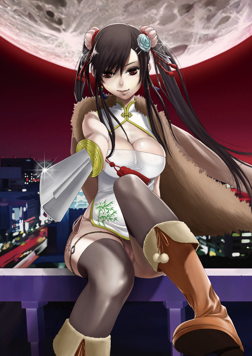 breasts, china_dress, chinese_clothes, cleavage, flower, foreshortening, hair_flower, hair_ornament