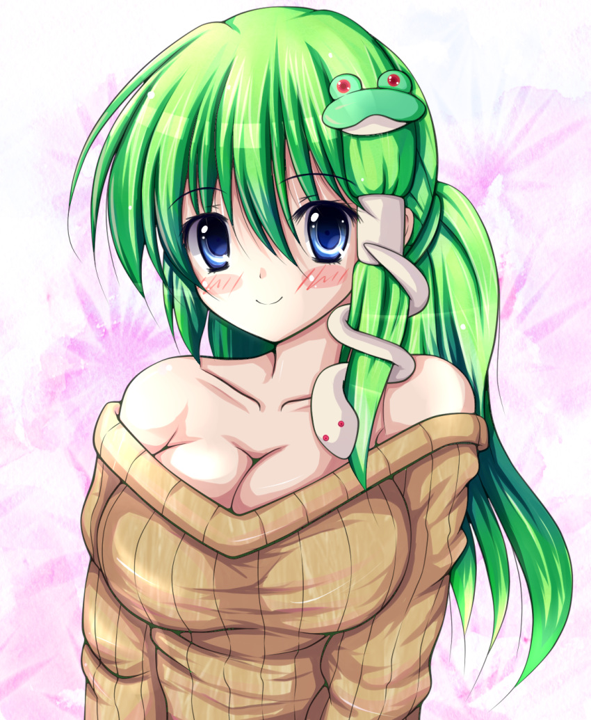 bare_shoulders, blue_eyes, blush, breasts, bust, cleavage, collarbone, frog