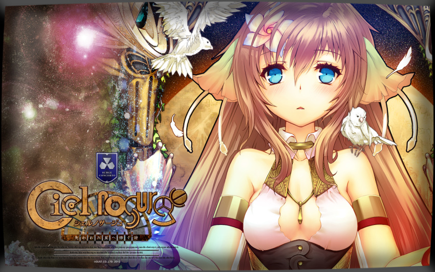 :<, armlet, bare_shoulders, bird, blue_eyes, blush, breasts, brown_hair