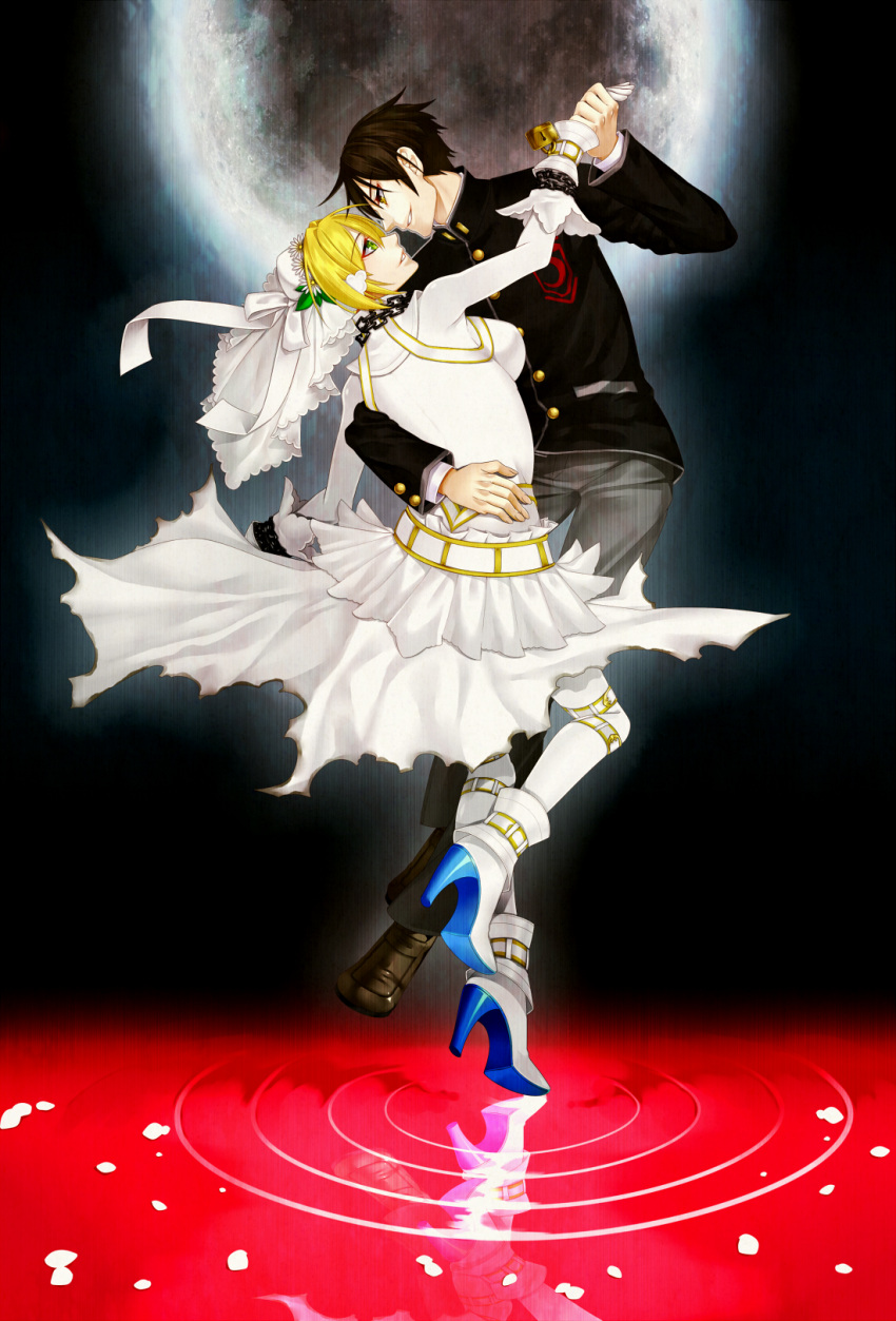 1girl, ahoge, alternate_costume, blonde_hair, bodysuit, breasts, brown_eyes, brown_hair, chain, chains, dancing, fate/extra, fate/extra_ccc, fate_(series), green_eyes, high_heels, highres, lock, male_protagonist_(fate/extra), padlock, saber_bride, saber_extra, scapegoat735, shoes, sideboob, veil, water, yellow_eyes