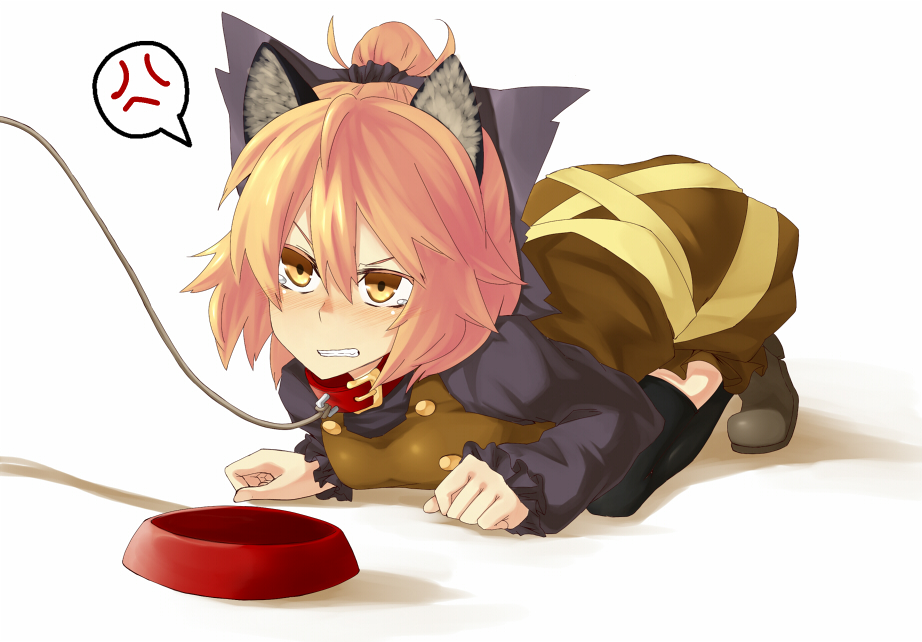 anger_vein, angry, animal_ears, bdsm, bent_over, blonde_hair, blush, bow