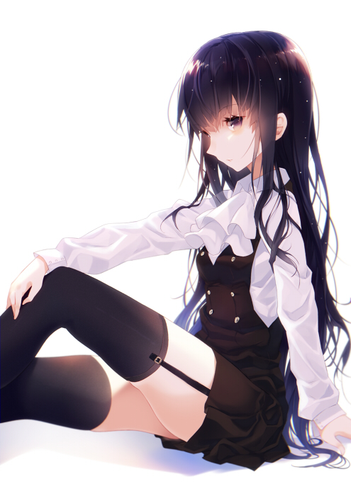 bad_id, black_hair, black_legwear, garter_straps, inu_x_boku_ss, long_hair, purple_eyes, shirakiin_ririchiyo