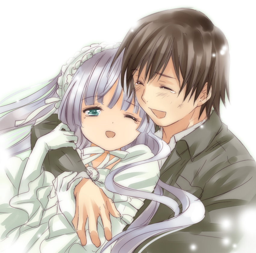 1girl, :d, amano_jaku, amano_sakuya, bangs, blunt_bangs, brown_hair, closed_eyes