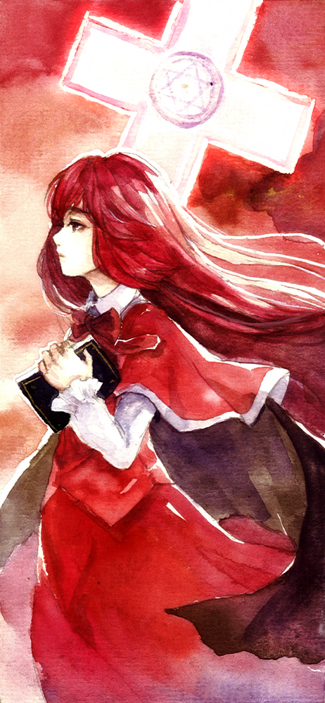 blush, book, brown_eyes, cape, capelet, cross, hexagram, long_hair, okazaki_yumemi, red_hair, redhead, ribbon, skirt, solo, touhou, touhou_(pc-98), traditional_media, w3, wwwe314