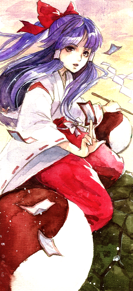 bow, brown_eyes, genjii, gohei, hair_bow, hair_tubes, hakurei_reimu, hakurei_reimu_(pc-98), japanese_clothes, long_hair, miko, ofuda, open_mouth, purple_hair, solo, touhou, touhou_(pc-98), traditional_media, turtle, w3, wwwe314, yin_yang