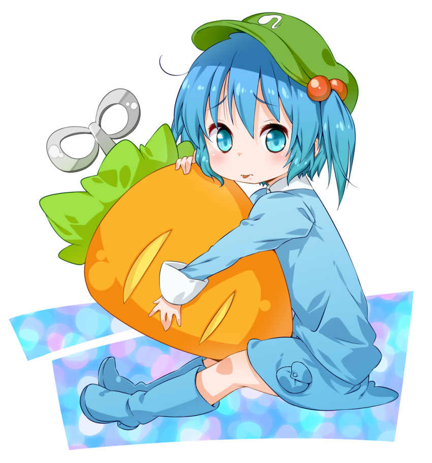 bad_id, blue_eyes, blue_hair, boots, carrot, hair_bobbles, hair_ornament, hat, jigatei_(omijin), kawashiro_nitori, object_hug, omijin, pocket, rubber_boots, shirt, sitting, skirt, skirt_set, solo, tongue, touhou, twintails, winding_key