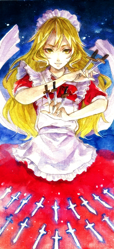 apron, blonde_hair, dress, knife, long_hair, maid, maid_headdress, red_dress, smile, solo, touhou, touhou_(pc-98), traditional_media, w3, wwwe314, yellow_eyes, yumeko