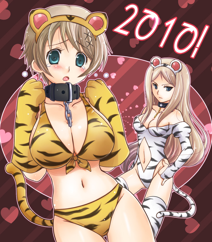 2girls, akari_seisuke, animal_ears, aqua_eyes, axis_powers_hetalia, belarus_(hetalia), bikini, blue_eyes, blush, breasts, brown_hair, chain, cleavage, collar, front-tie_top, hairband, hand_on_hip, hand_on_hips, heart, highleg, large_breasts, long_hair, multiple_girls, navel, new_year, off_shoulder, open_mouth, paws, short_hair, swimsuit, tail, tears, thigh_gap, thighhighs, tiger_ears, tiger_girl, tiger_print, tiger_tail, ukraine_(hetalia), very_long_hair