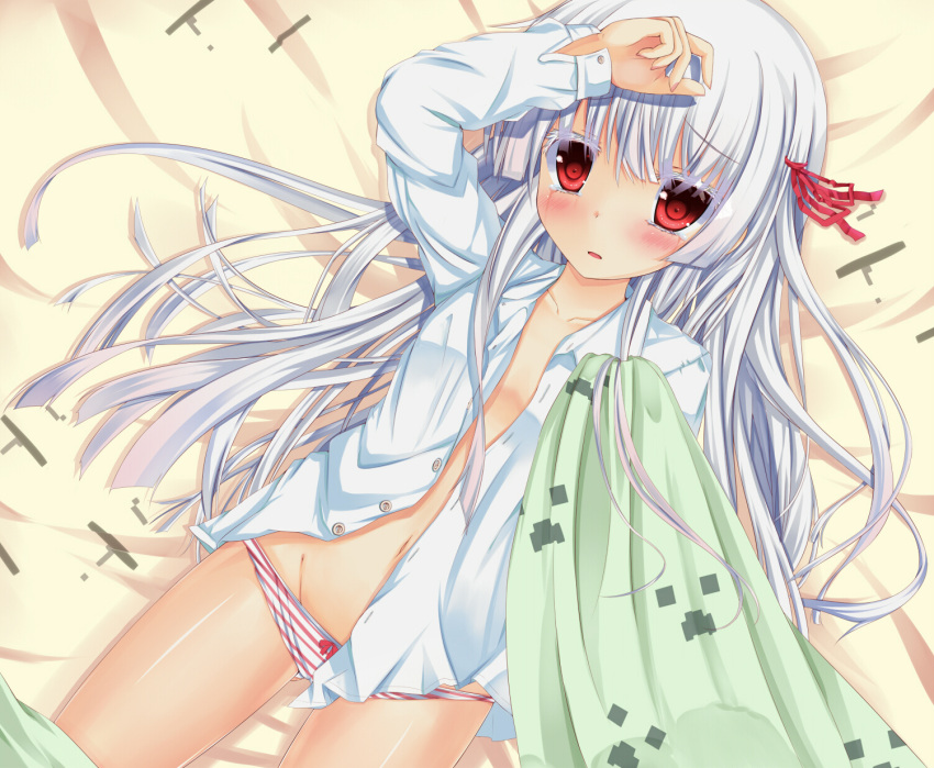 animal_ears, bed, blanket, blush, character_request, colored_eyelashes, creeper, eyelashes