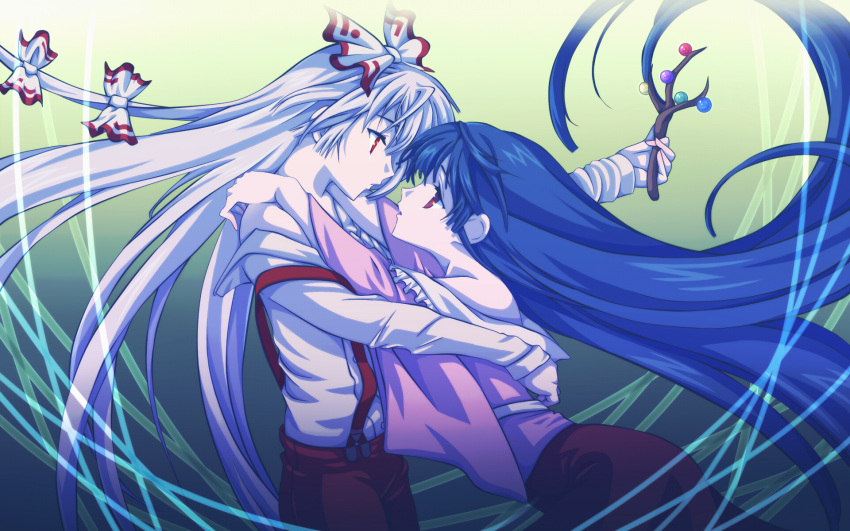 branch, fujiwara_no_mokou, highres, houraisan_kaguya, hug, jeweled_branch_of_hourai, kannazuki_no_miko, miko_embrace, multiple_girls, parody, tommy_(95_tamaki_1207), touhou, wallpaper, yuri