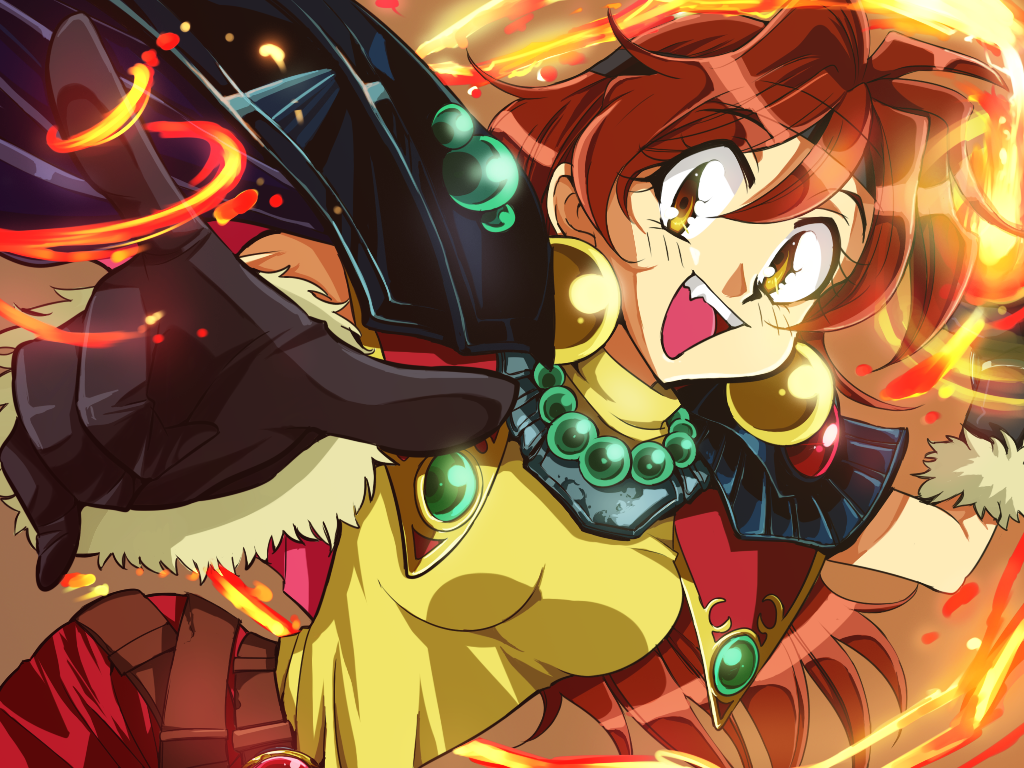 :d, belt, black_gloves, brown_background, brown_eyes, fire, gloves, jewelry, lina_inverse, long_hair, necklace, open_mouth, pants, pauldron, pauldrons, pointing, red_hair, redhead, slayers, smile, solo, torisuke_(koinohito)