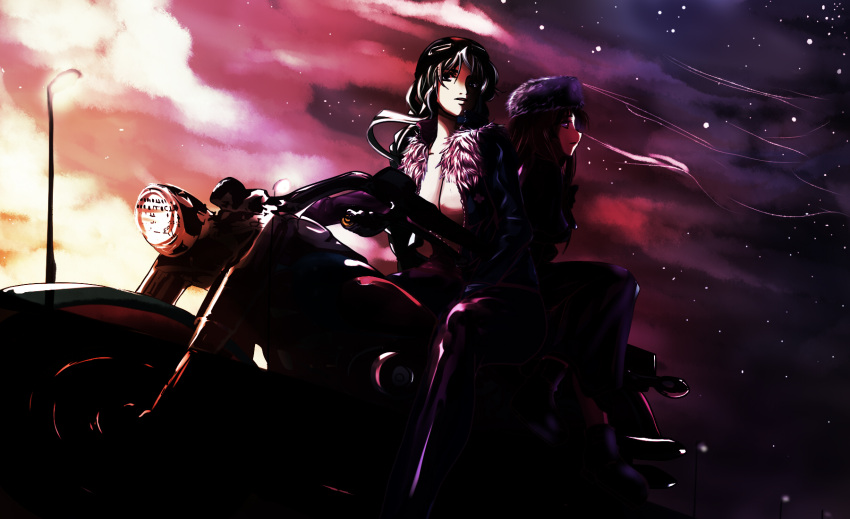 alternate_costume, black_hair, breasts, cleavage, contemporary, dearmybrothers, fur_hat, grey_hair