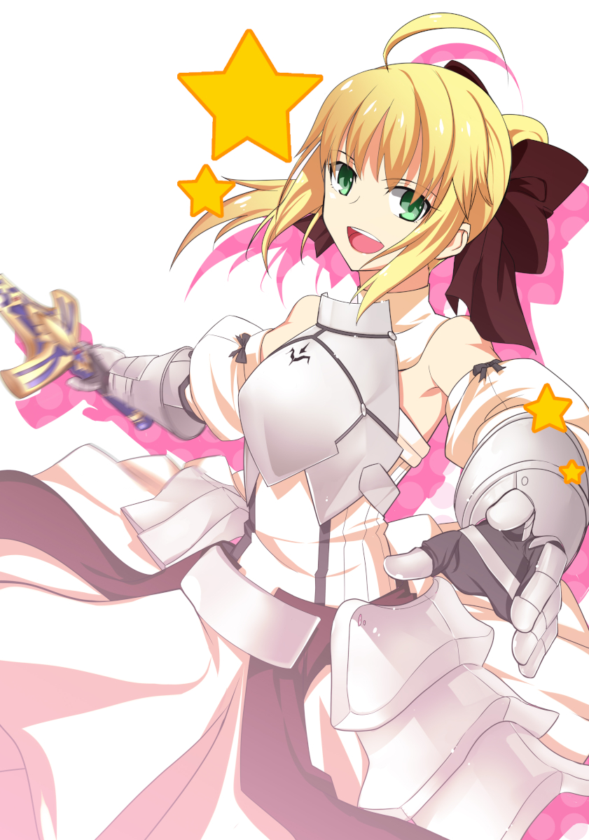 ahoge, armor, armored_dress, bare_shoulders, blonde_hair, bow, caliburn, dress