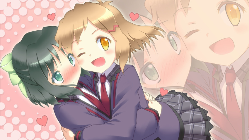 akeyama, blush, bow, brown_hair, cardigan, green_eyes, green_hair, hair_bow