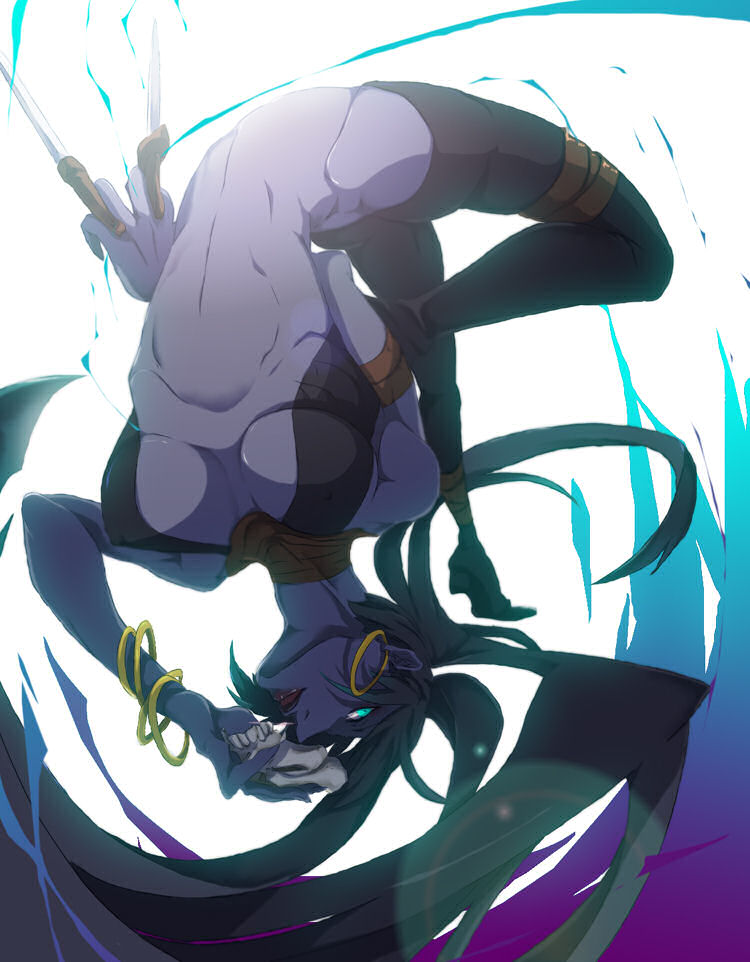 1girl, action, assassin_(fate/zero), bangs, between_fingers, black_hair, blonde_hair, blue_eyes