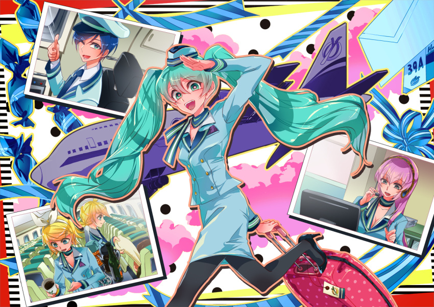3girls, airplane, baby_white, blonde_hair, blue_hair, flight_attendant, green_eyes, green_hair, hat, hatsune_miku, headphones, headset, kagamine_len, kagamine_rin, kaito, long_hair, megurine_luka, multiple_boys, multiple_girls, open_mouth, pantyhose, pink_hair, salute, skirt, thumbs_up, twintails, very_long_hair, vocaloid, wink