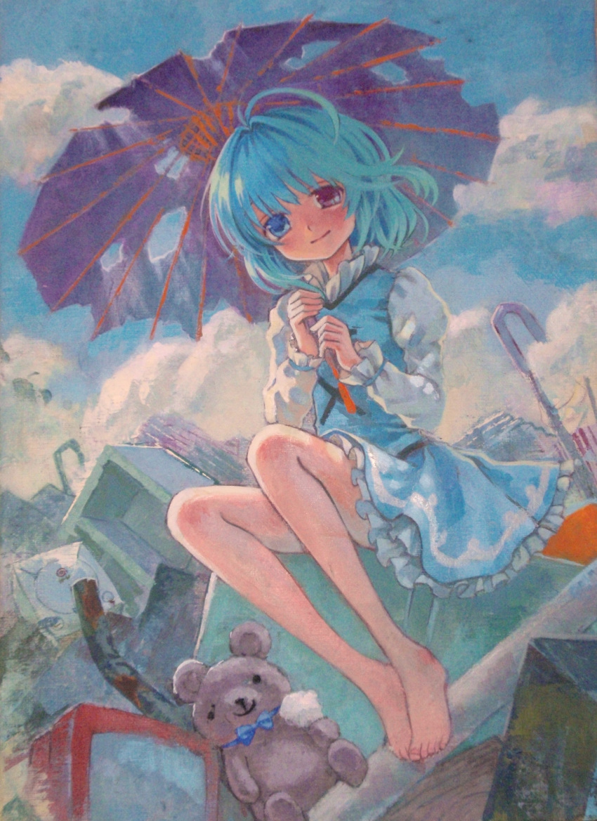 ama-tou, barefoot, blue_eyes, blue_hair, dreamcast, feet, heterochromia, highres, junk, landfill, red_eyes, short_hair, smile, stuffed_animal, stuffed_toy, tatara_kogasa, teddy_bear, touhou, traditional_media, umbrella
