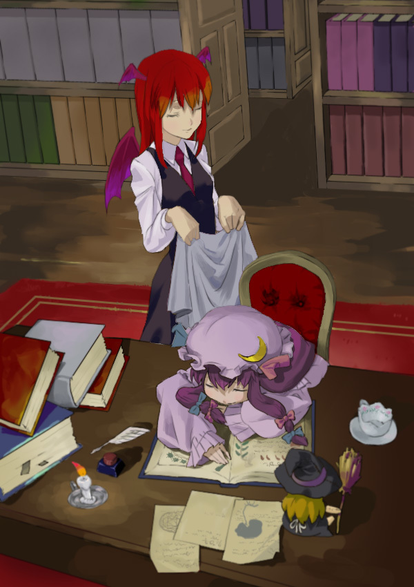 blanket, book, bookshelf, broom, candle, character_doll, closed_eyes, crescent