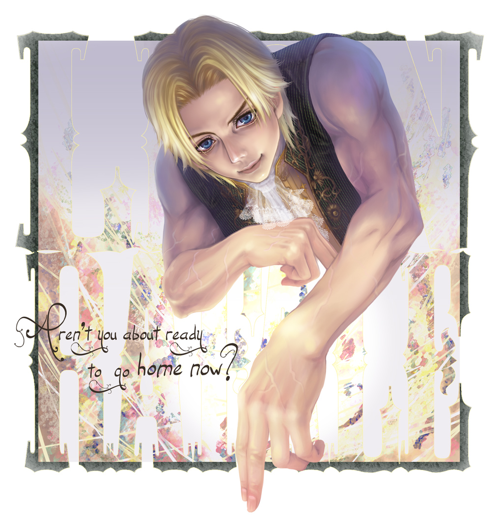 bare_shoulders, blonde_hair, blue_eyes, fighting_stance, hair_intakes, lion_rafale, male, muscle