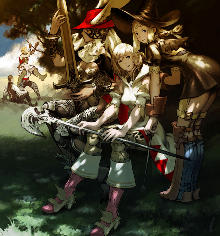 3girls, animal_ears, ashelia_b'nargin_dalmasca, ashelia_b'nargin_dalmasca, balflear, basch_fon_ronsenburg, black_mage, bunny_ears