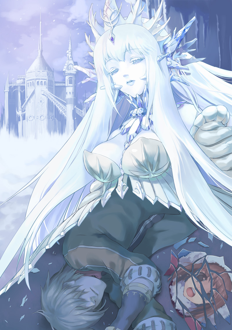 1boy, 2girls, breasts, castle, crown, folklore, gerda_(the_snow_queen), ice, kai_(the_snow_queen), mirror, multiple_girls, sleeping, snowing, tears, the_snow_queen, the_snow_queen_(character), white_hair, white_skin