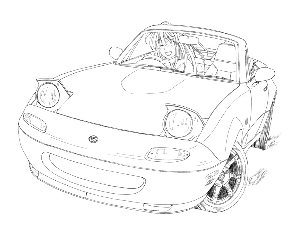 car, driving, eunos_roadster, lineart, long_hair, mazda, monochrome, motor_vehicle, right_hand_drive, smile, vehicle, wink
