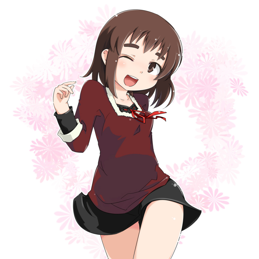 brown_hair, eyebrows, highres, kurabayashi_aya, mitsudomoe, skirt, smile, thick_eyebrows