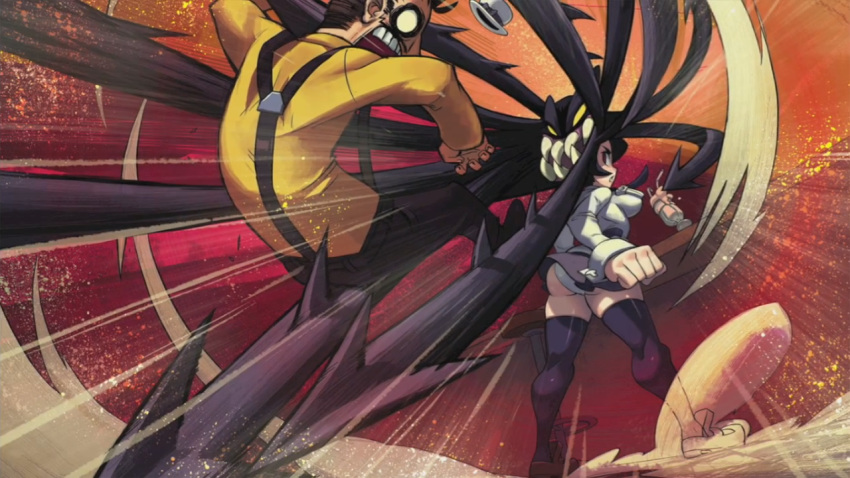 ass, black_hair, breasts, extra_mouth, filia_(skullgirls), futakuchi-onna, groin_attack, hat