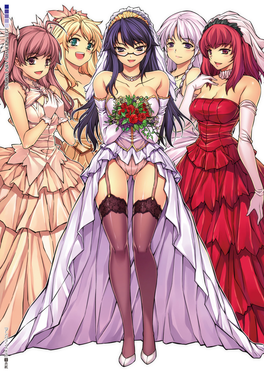 ahoge, bare_shoulders, black_legwear, blonde_hair, breasts, caroline, cleavage, dress