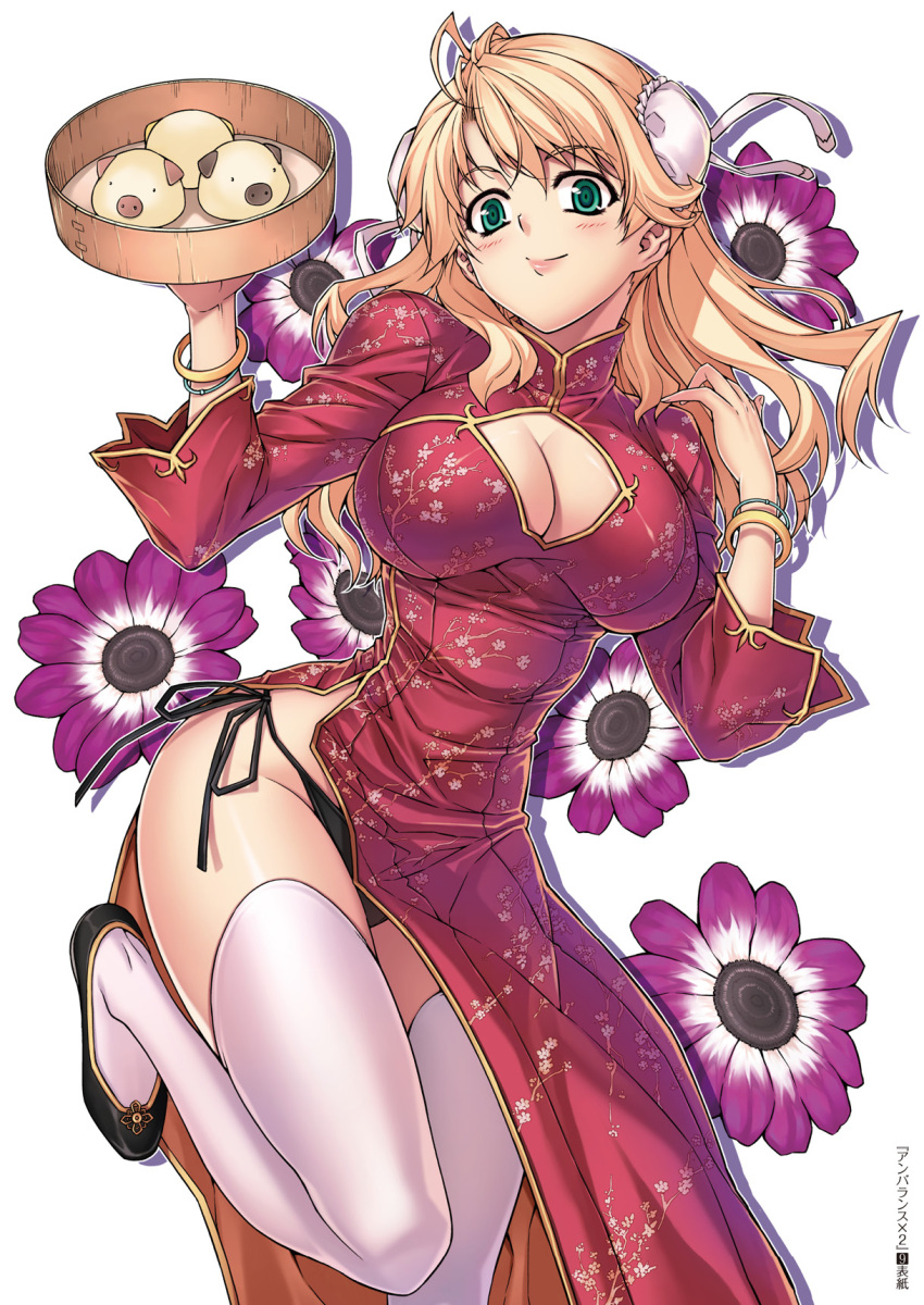 black_panties, blonde_hair, blush, bracelet, breasts, bun_cover, caroline, chinadress