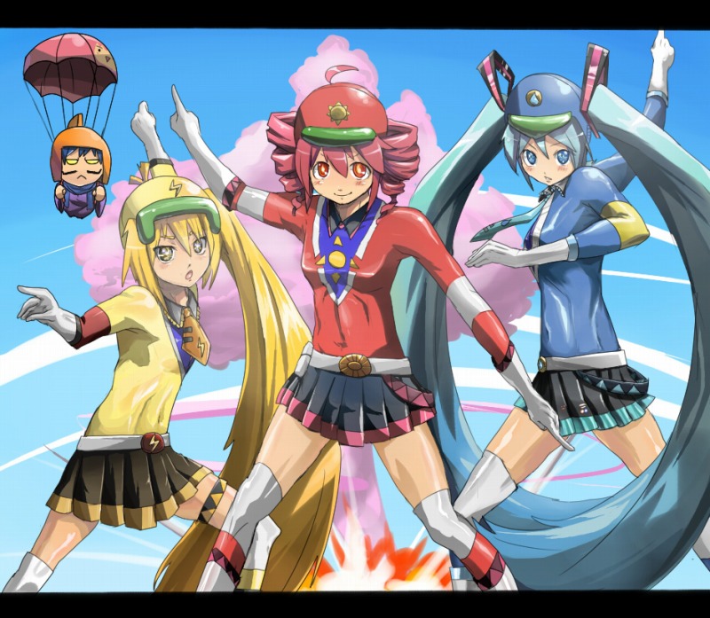 abs, akita_neru, aqua_eyes, aqua_hair, blonde_hair, blue_(tentai_senshi_sunred), blue_hair, cameo