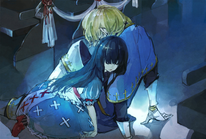 1girl, arm_support, bangs, black_hair, black_legwear, blonde_hair, blue_dress, blunt_bangs